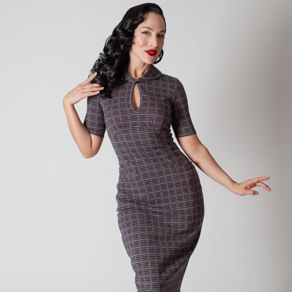 Tatyana Cream and Blue Bodycon Midi Dress with Mandarin Collar